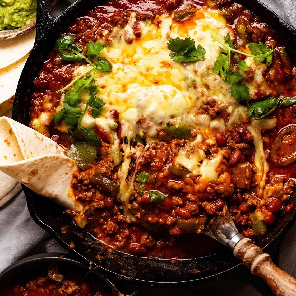 Cheesy baked Mexican beef and beans