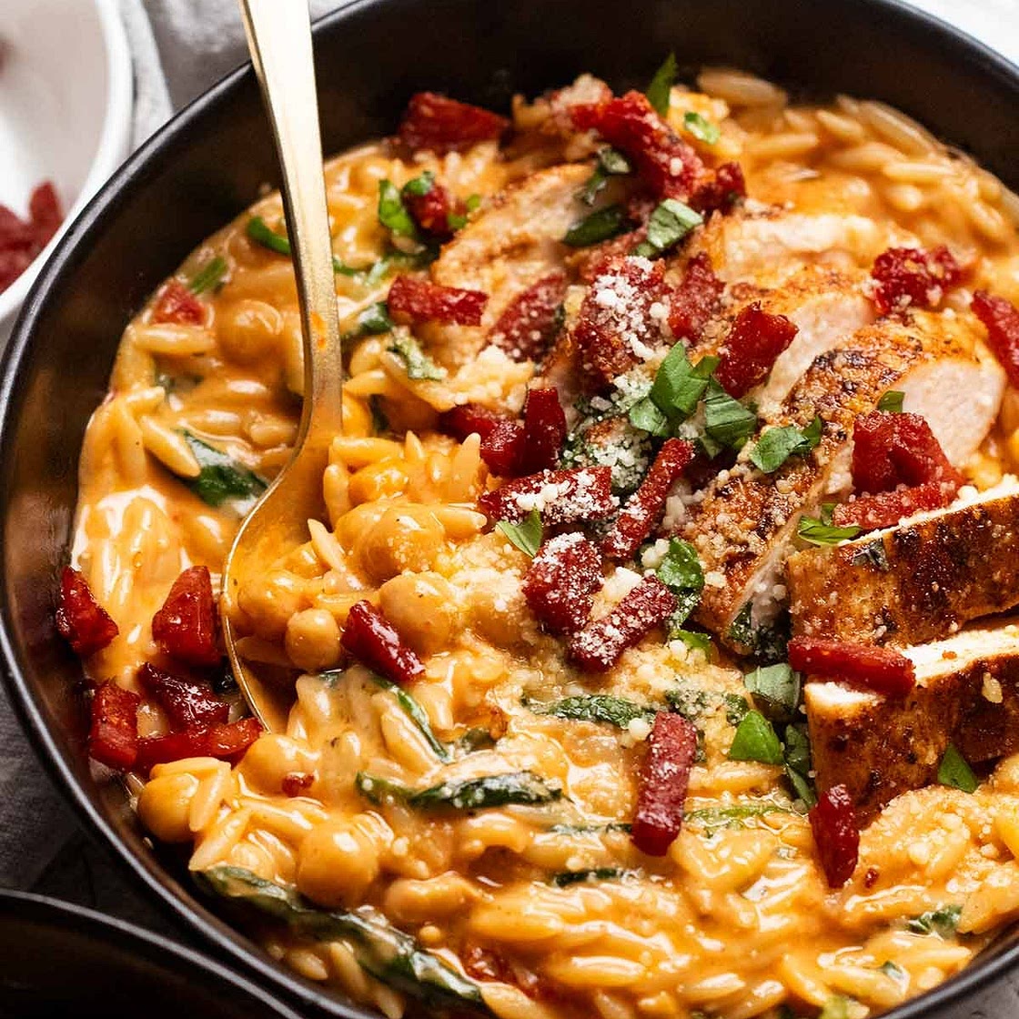 One pot chicken risoni with crispy salami (orzo)
