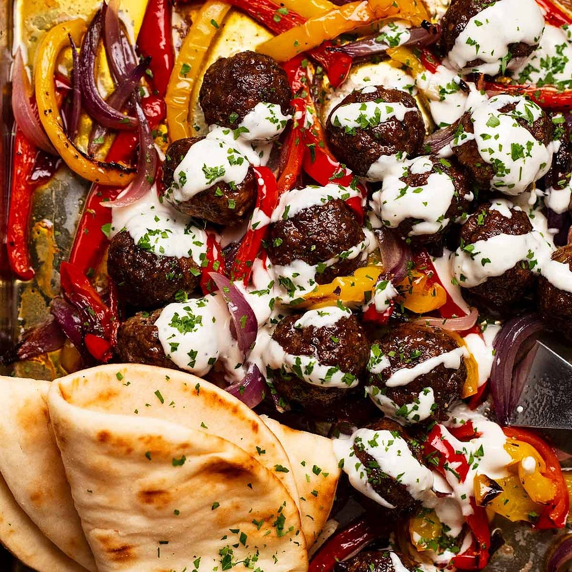 Tray bake dinner: lamb kofta meatballs