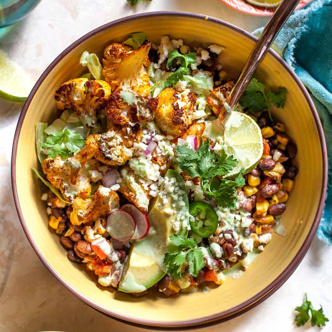 Cauliflower Burrito Bowls with Jalapeño Ranch