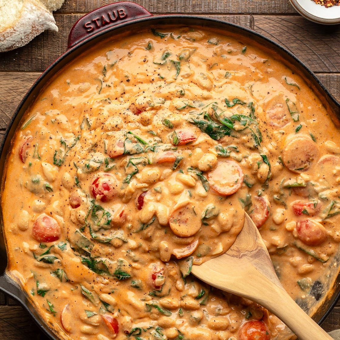 Creamy Skillet White Beans with Spinach and Basil