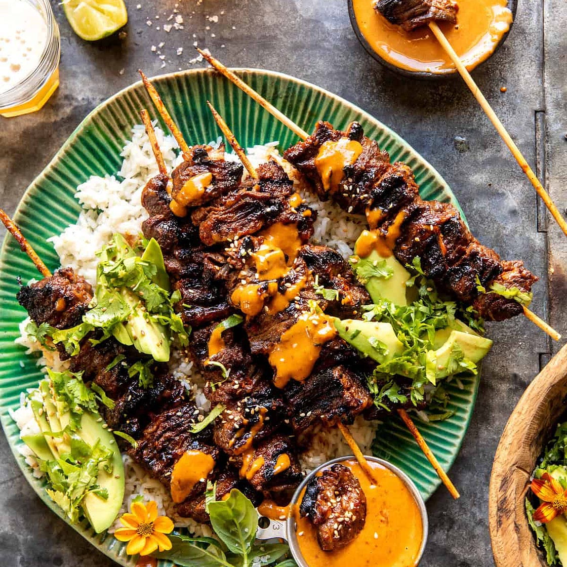 Sesame Ginger Steak Skewers with Peanut Sauce