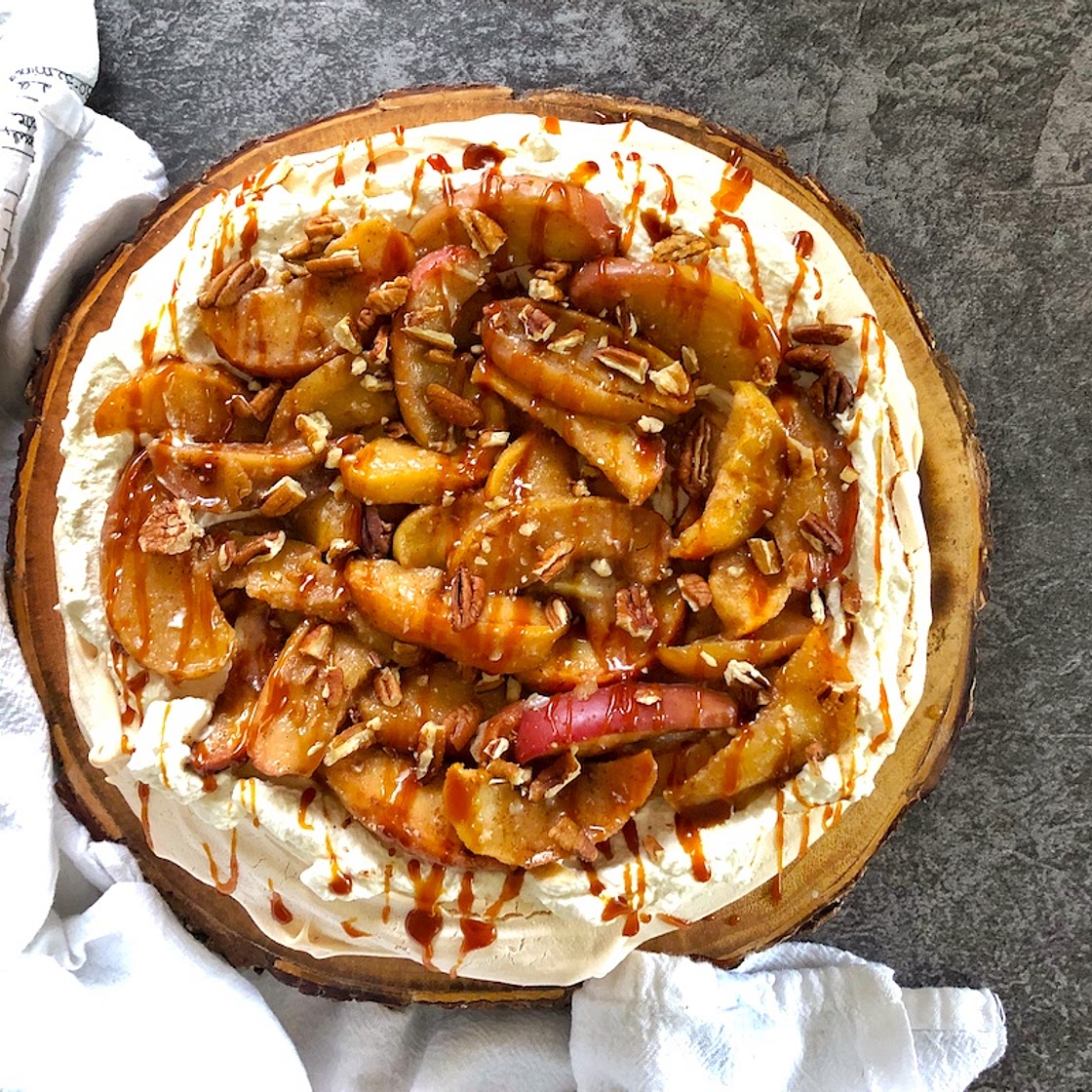 Autumn Pavlova with Apples, Maple Cream, and Salted Caramel