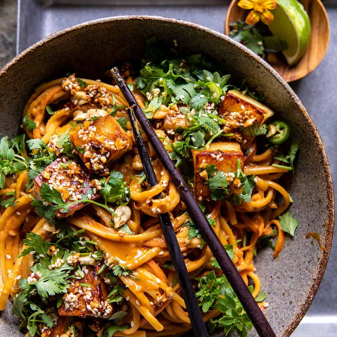 Chili Crisp Peanut Noodles with Crispy Halloumi