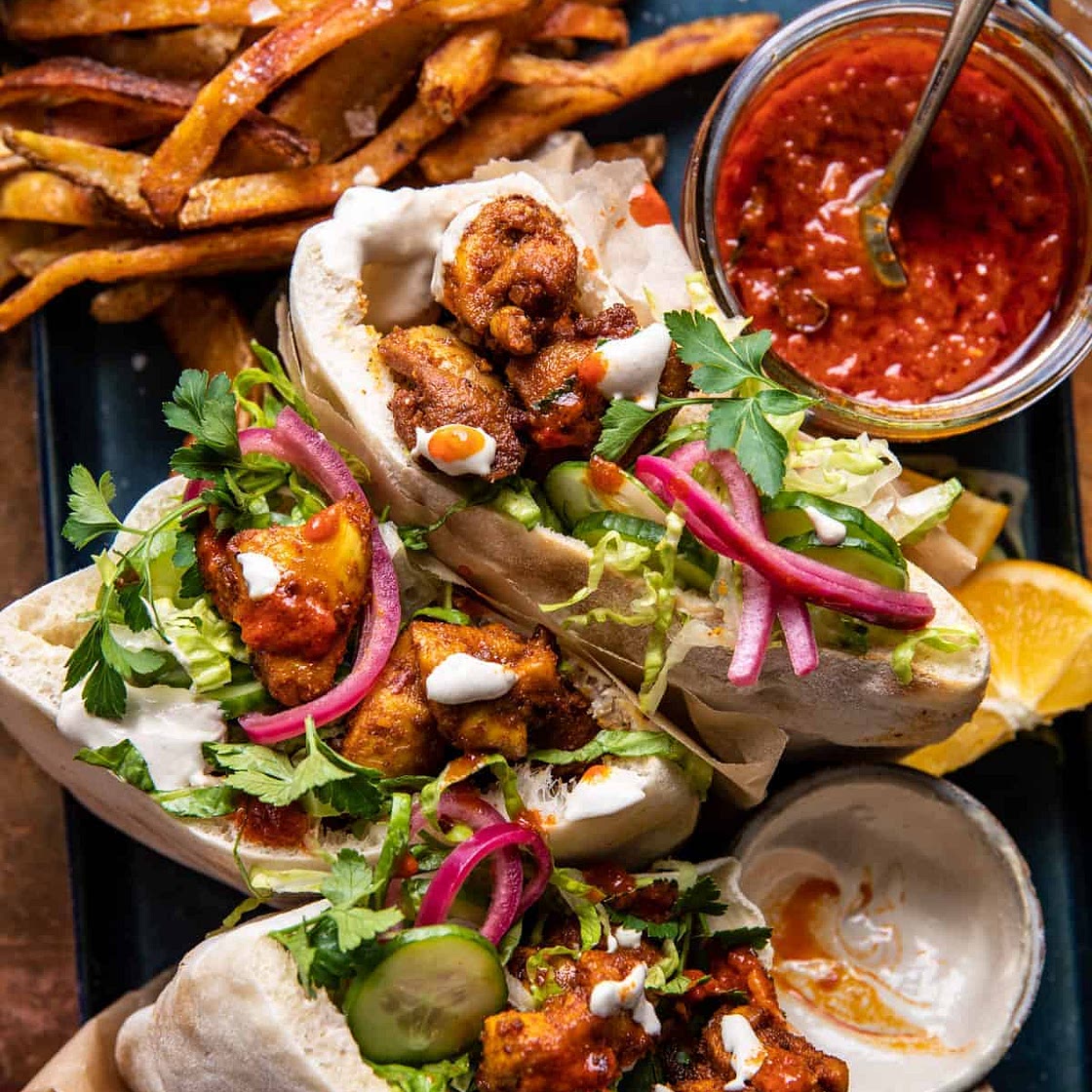 Roasted Turmeric Chicken Pitas with Garlic Lemon Tahini