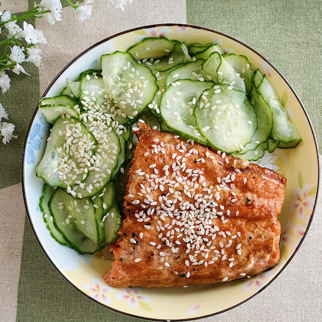 Teriyaki Salmon Donburi (Rice Bowl) with Cucumber