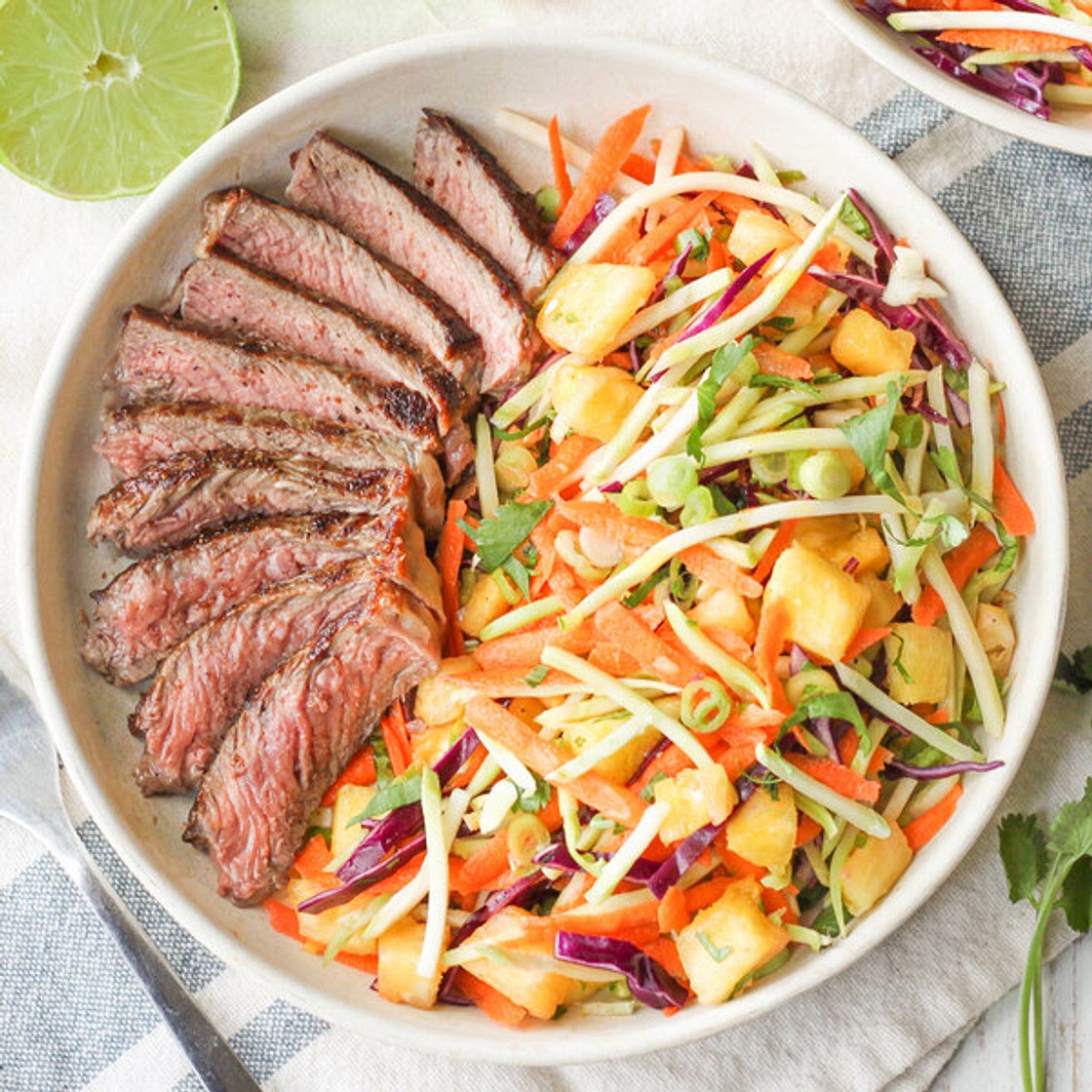 Grilled Sirloin Steak with Pineapple, Carrot, Cilantro & Broccoli Slaw