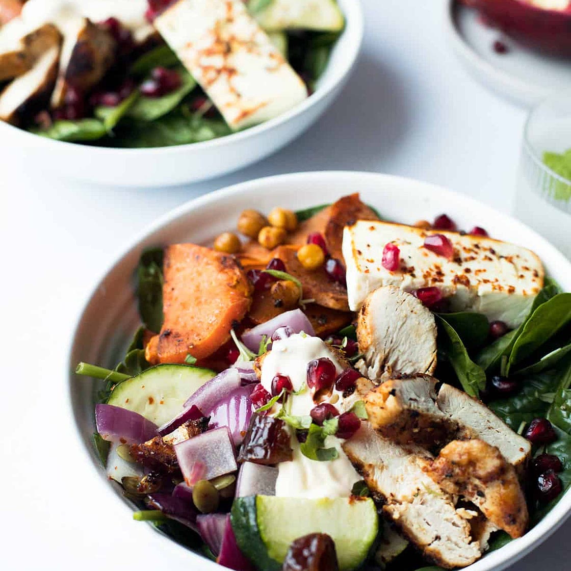 Warm Chicken Salad with Baked Sweet Potato and Feta Cheese