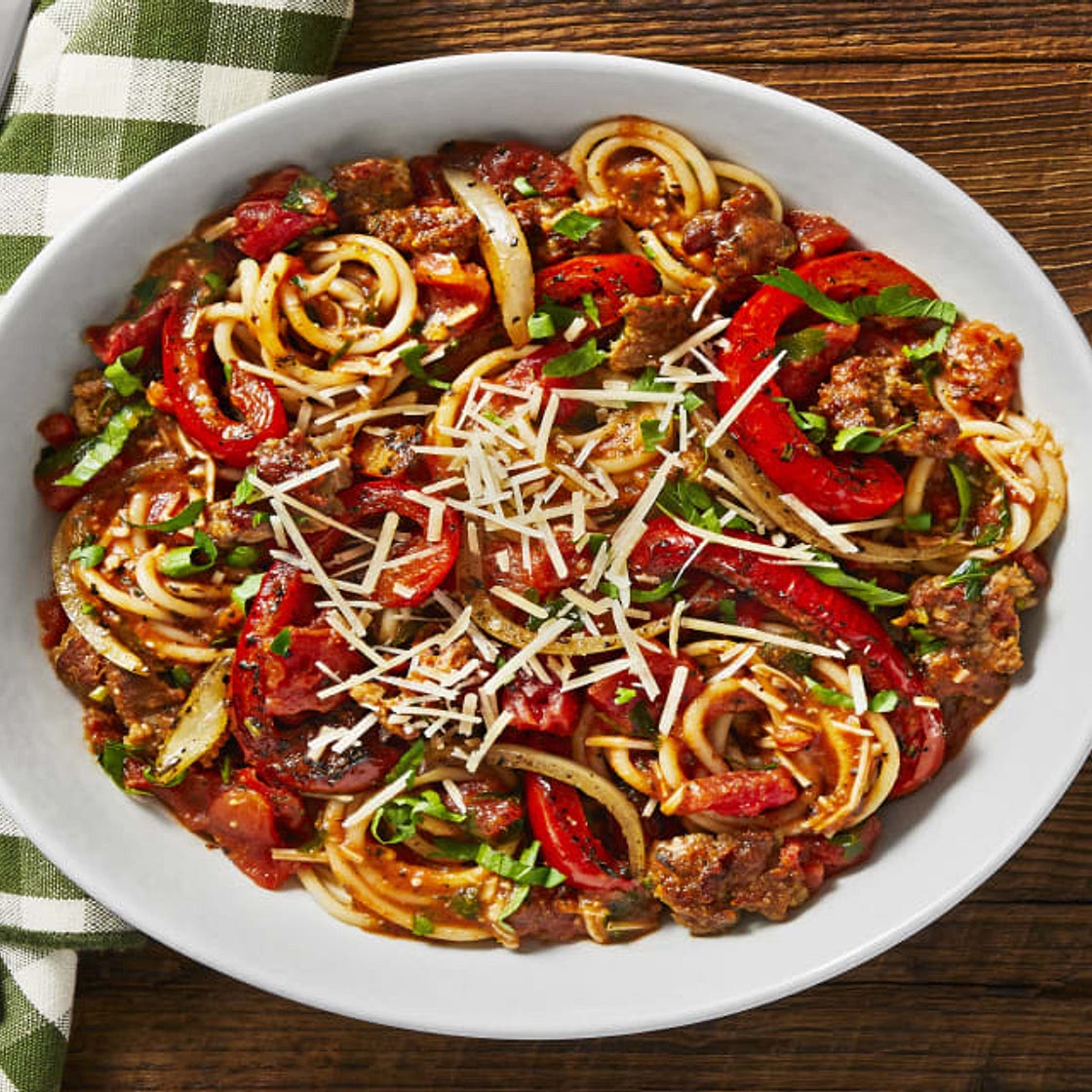 Tuscan Sausage and Pepper Spaghetti with Tomatoes and Parmesan