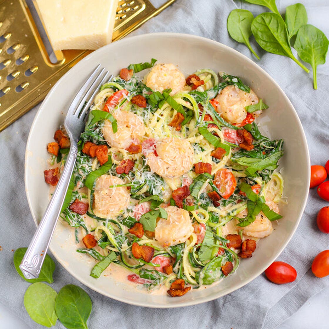 Creamy Tuscan Shrimp with Bacon, Tomatoes, Spinach & Zucchini Noodles