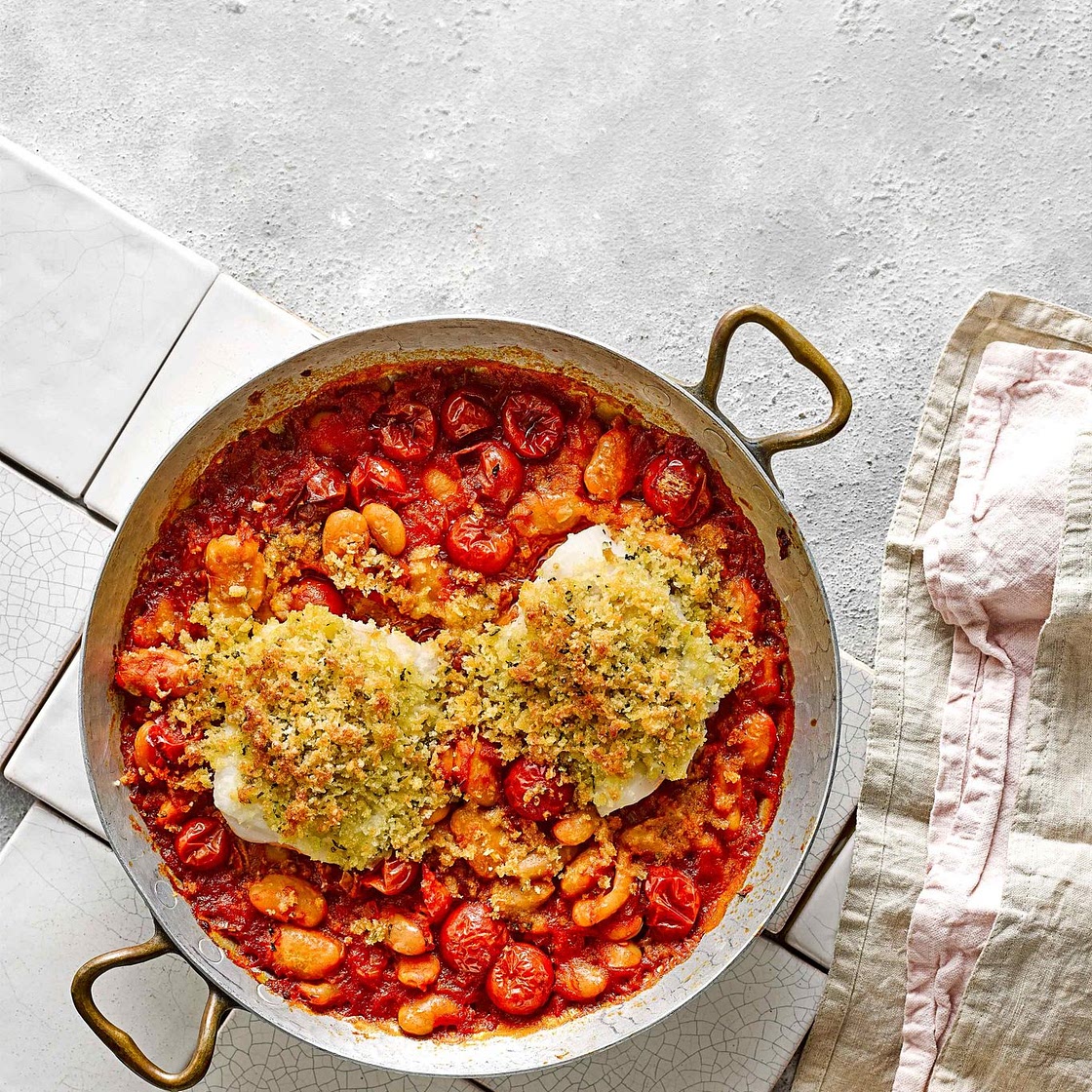 Baked cod and butter beans