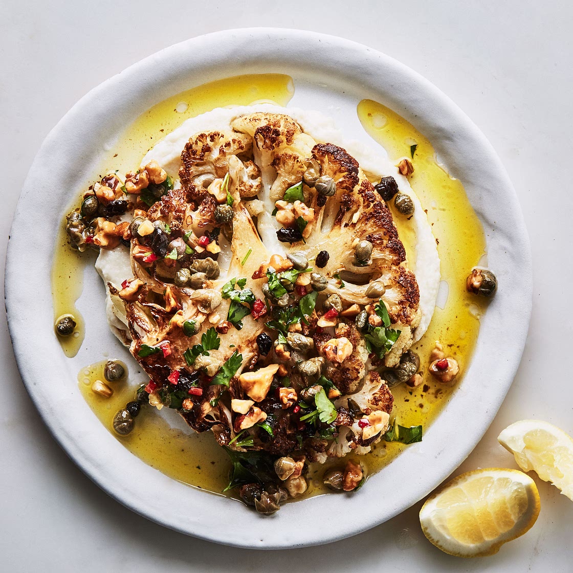 Cauliflower Steaks and Purée With Walnut-Caper Salsa