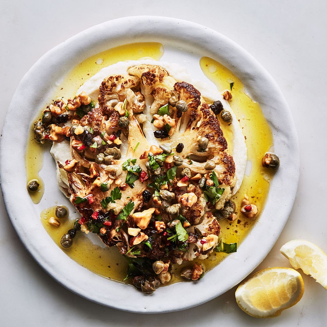 Cauliflower Steaks and Purée With Walnut-Caper Salsa