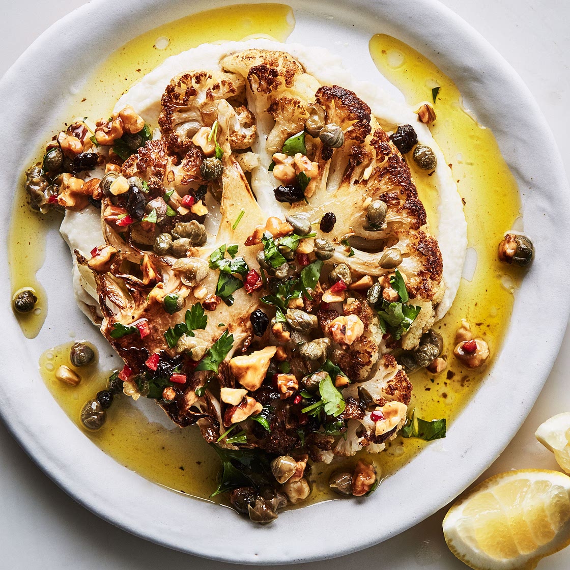 Cauliflower Steaks and Purée With Walnut-Caper Salsa