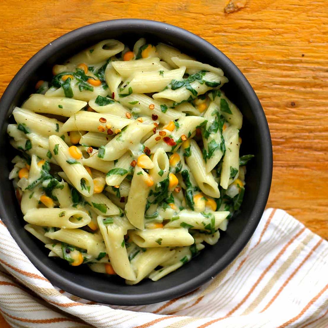 Spinach Corn Pasta Recipe In Creamy White Sauce