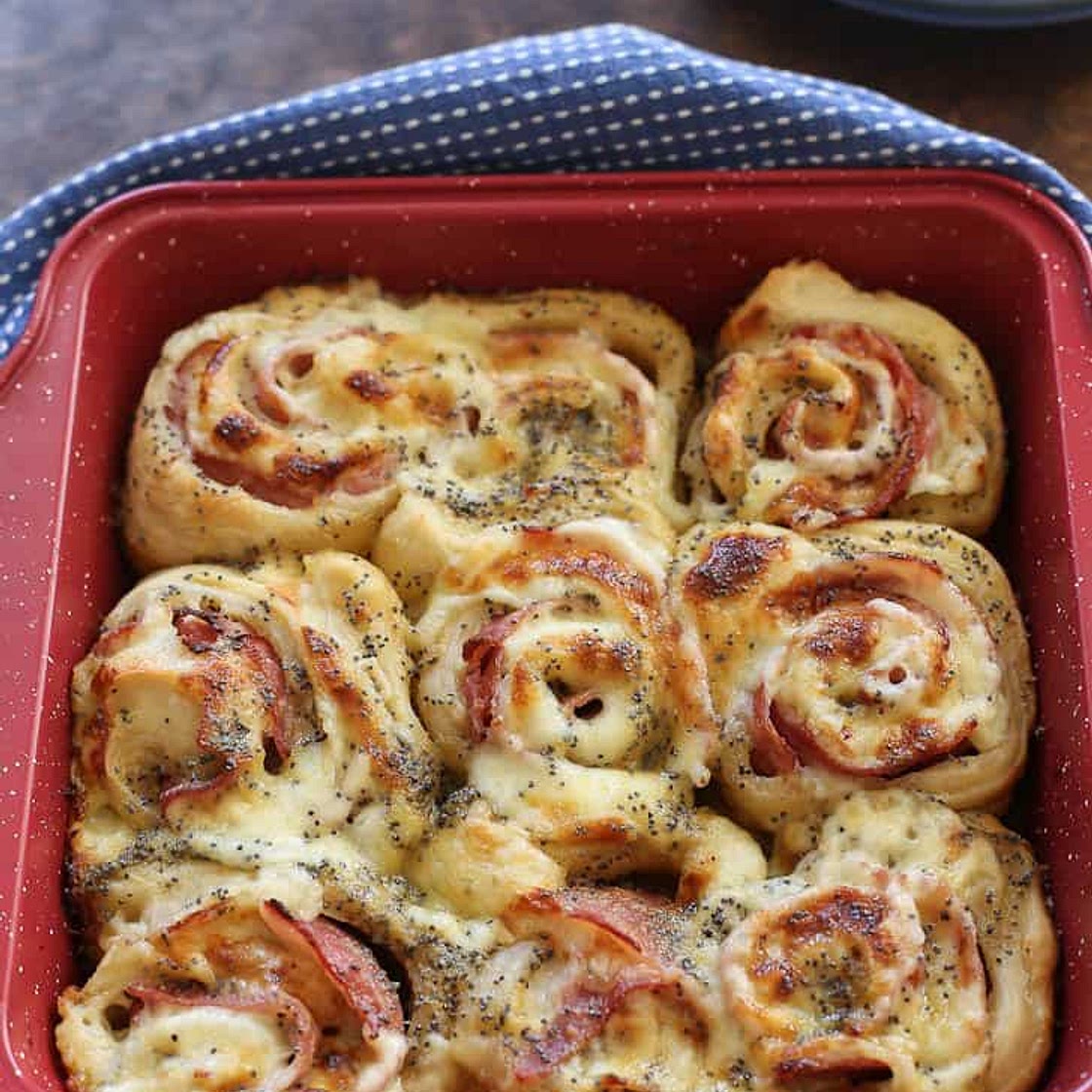 Baked Ham and Cheese Rolls with Honey Mustard Sauce
