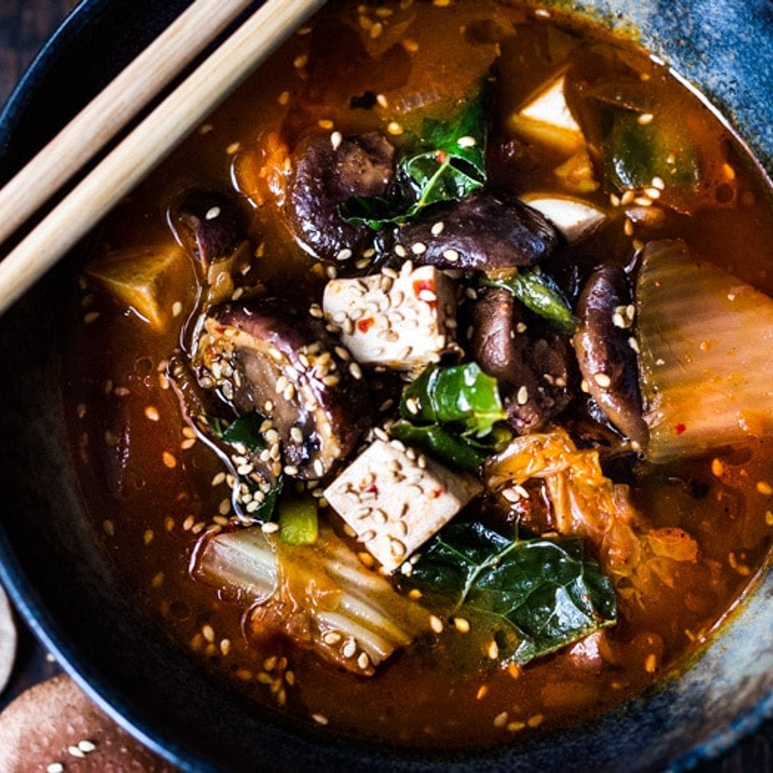 Kimchi Soup with Mushrooms, Silken Tofu and Kale