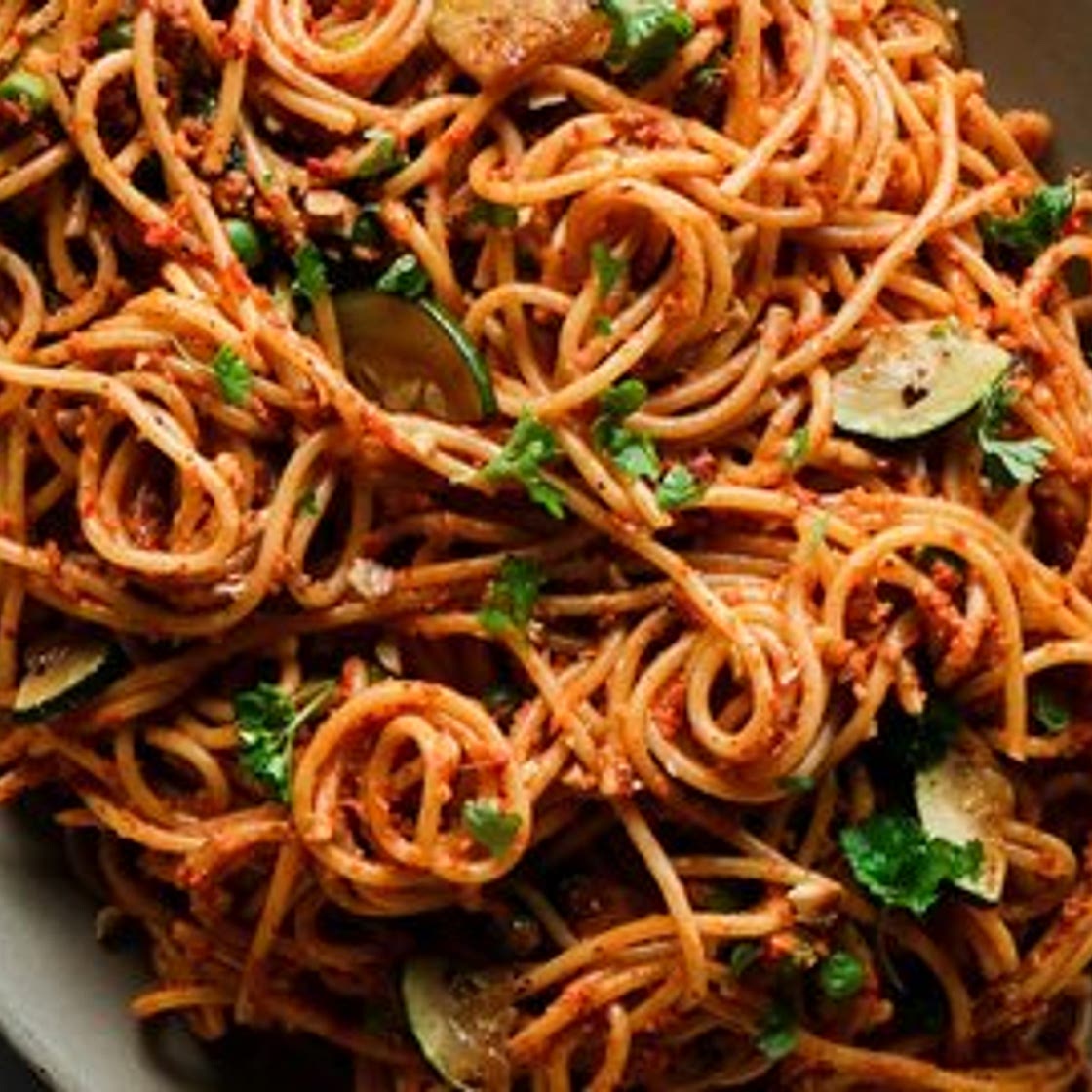 Grilled Red Pepper Pesto Pasta