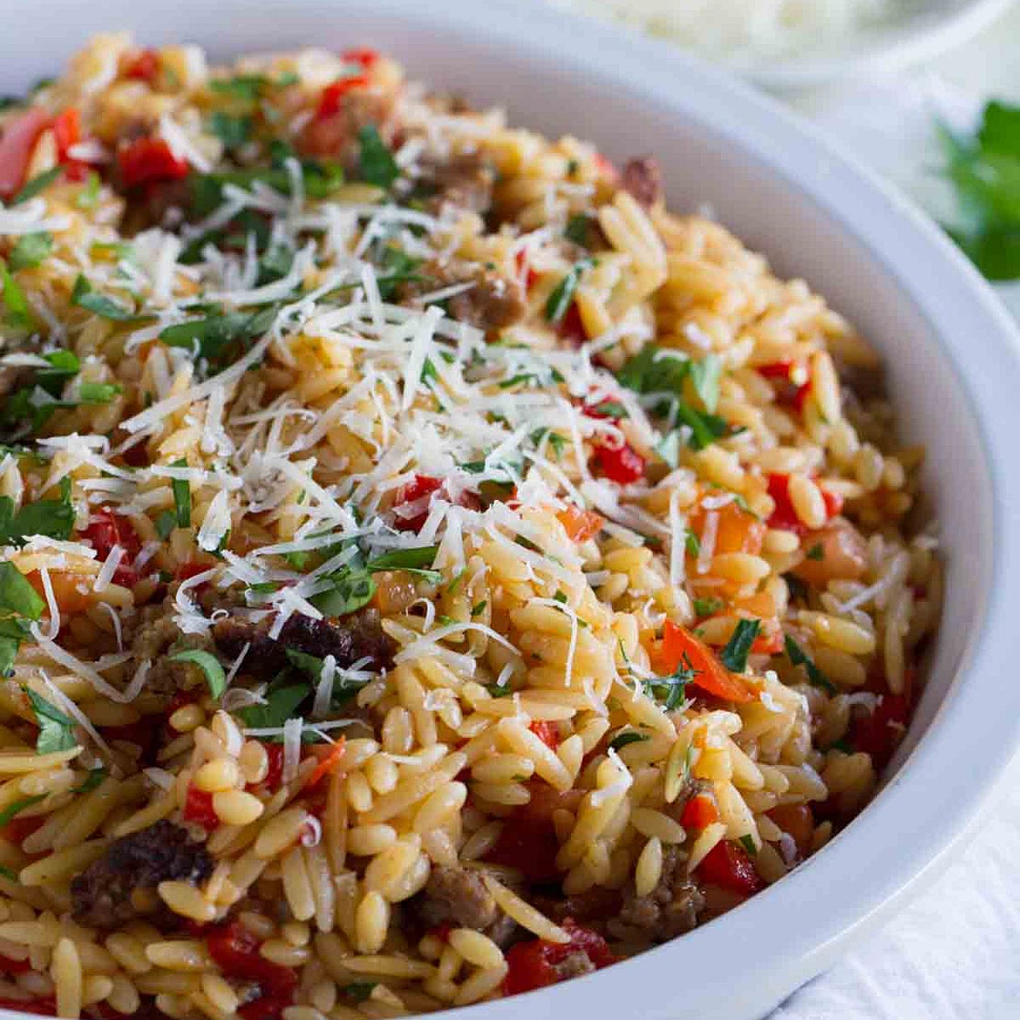 Orzo with Italian Sausage and Peppers