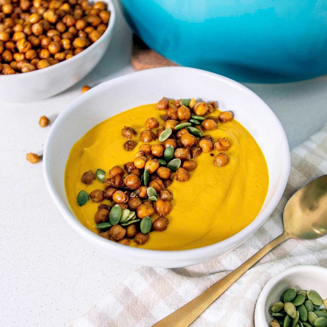 Roasted Carrot Soup with Chickpea Croutons (Healthy, Budget Eats)