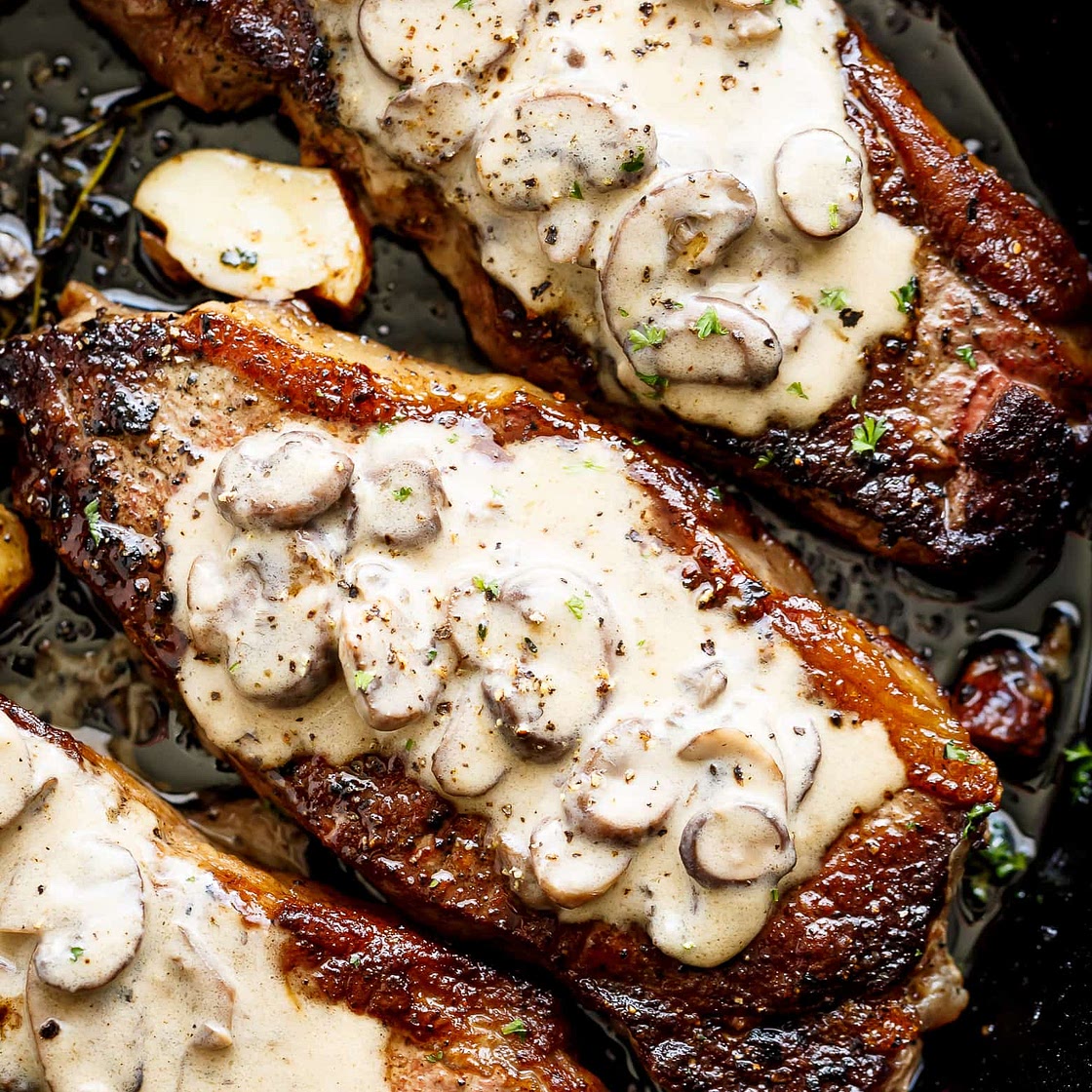 Pan Seared Garlic Butter Steak & Mushroom Cream Sauce