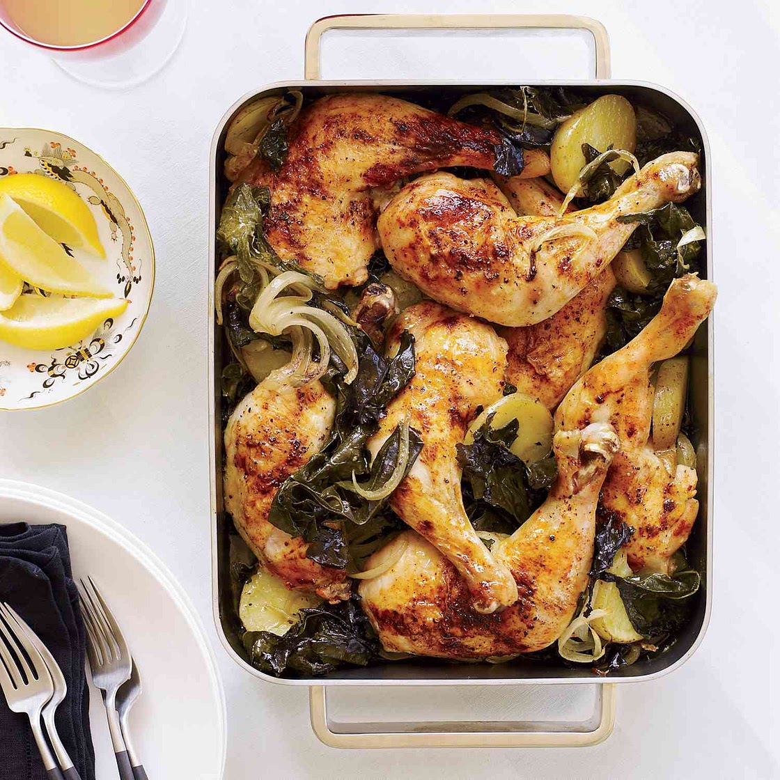 Roasted Chicken Legs with Potatoes and Kale