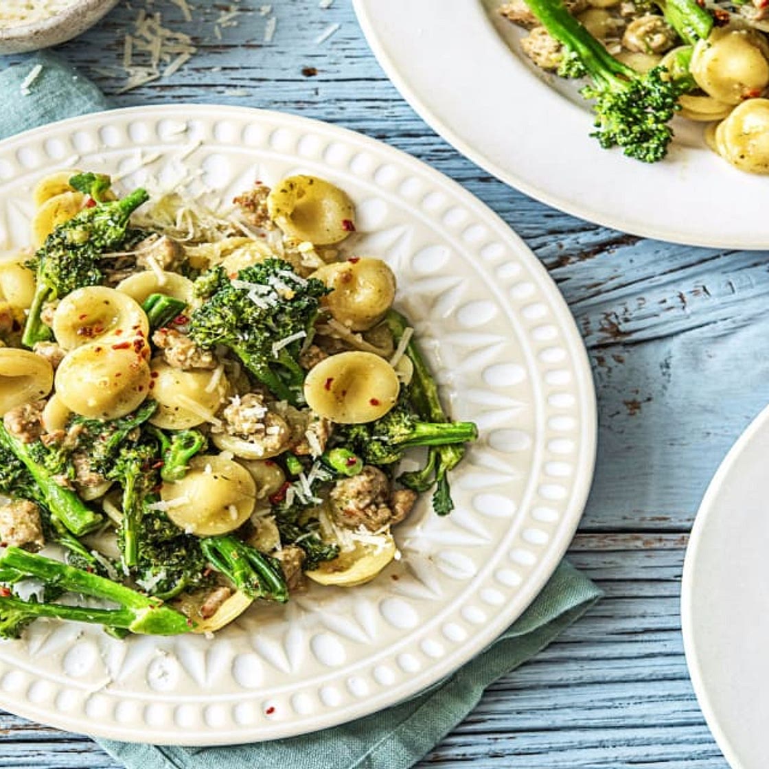 "Little Ears" Pasta with Italian Pork Sausage, Baby Broccoli, and Pesto