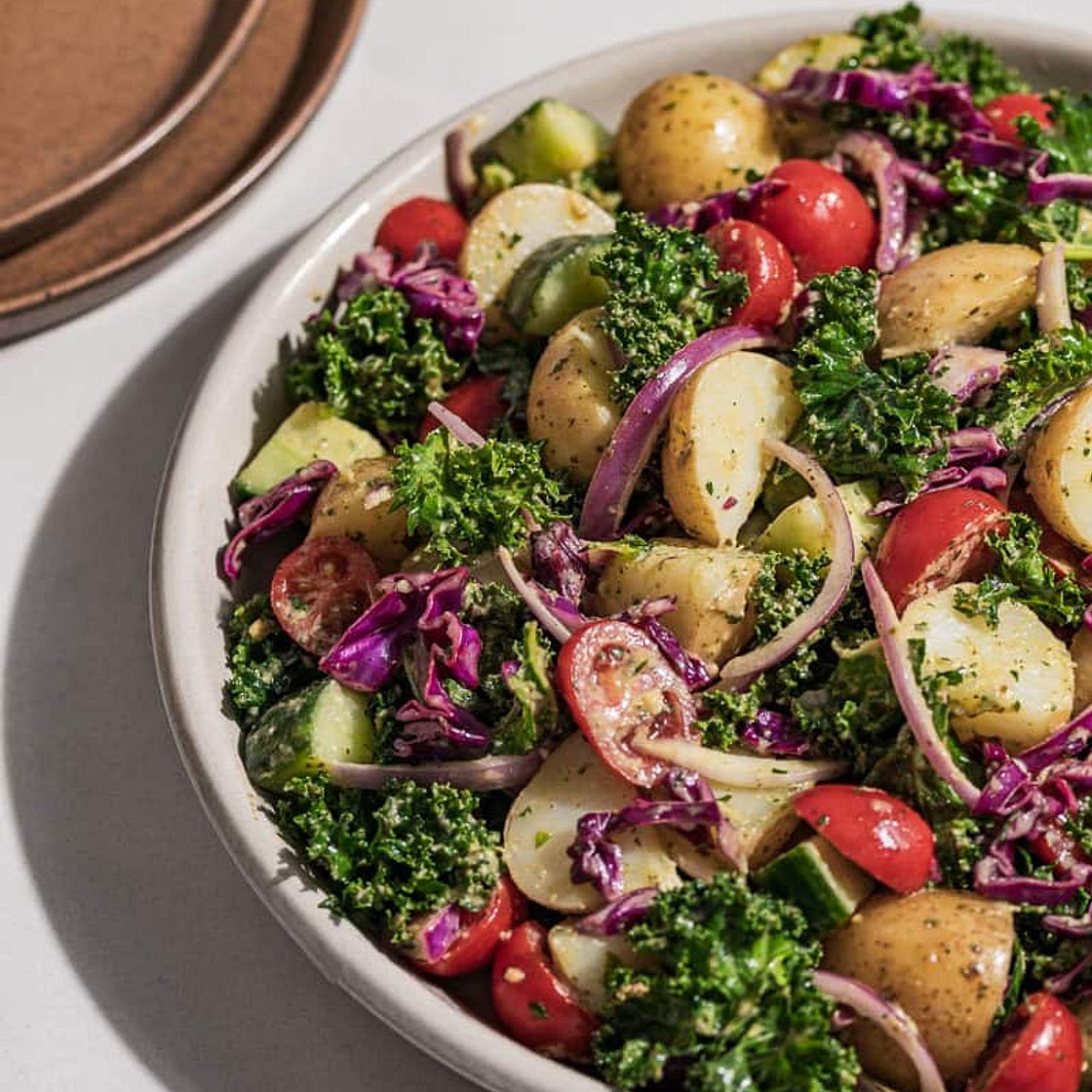 Healthy Potato Salad with Kale, Tomatoes, and a Lemony Basil Pesto Dressing