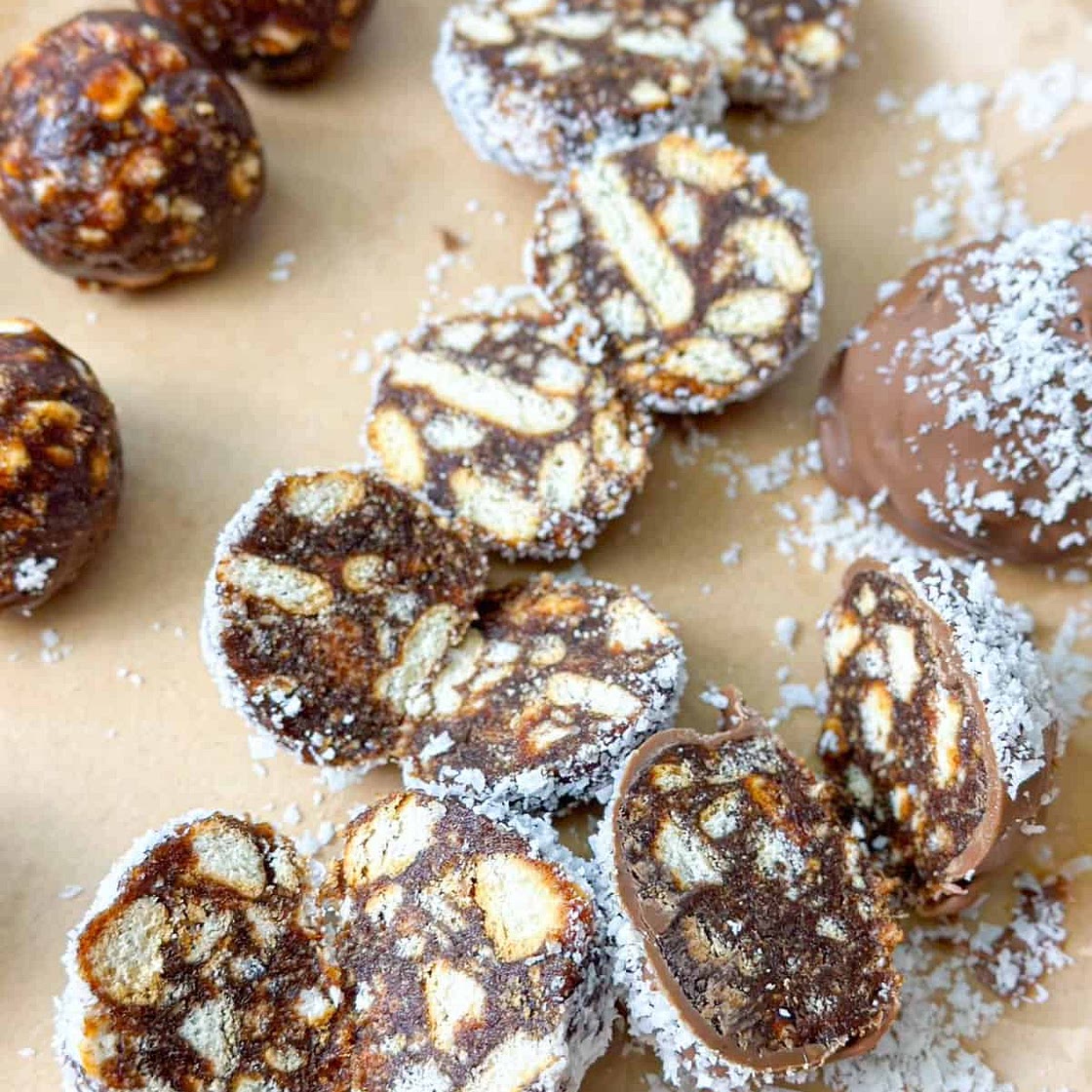 No Bake Chocolate Covered Coconut Biscuit Date Balls