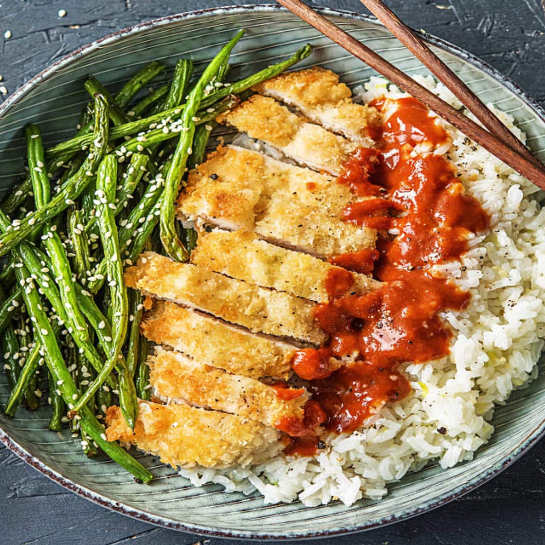 Japanese Panko Chicken with Sesame Green Beans and Tonkatsu-Style Sauce