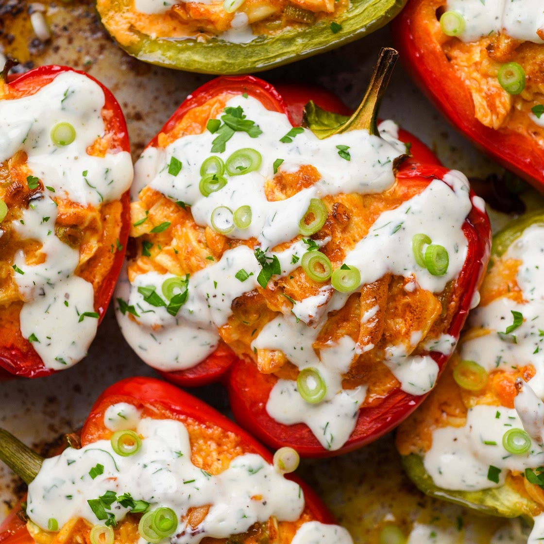 Buffalo Chicken Stuffed Peppers {whole30 + paleo + gluten free + low carb}