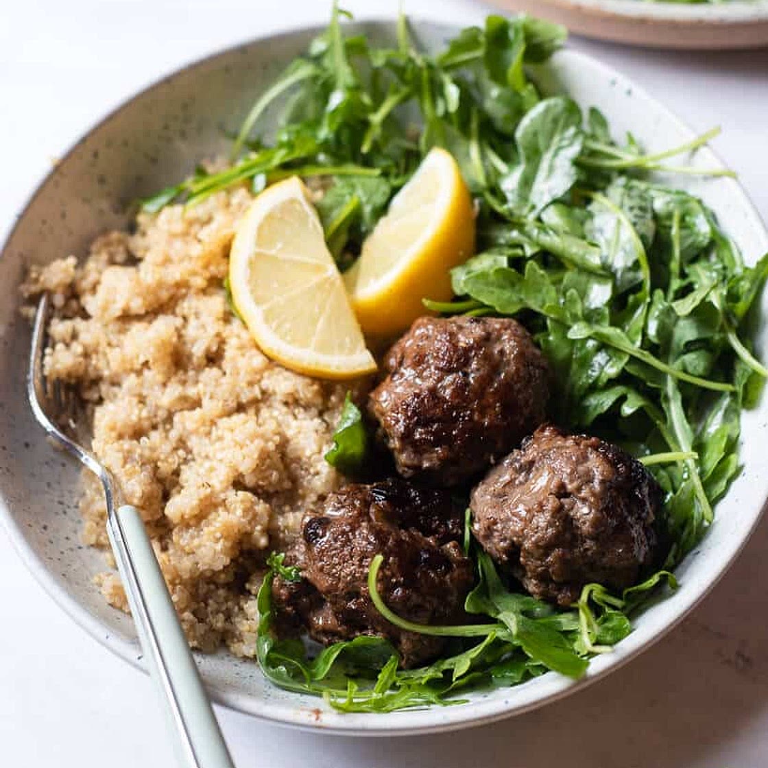 Greek Beef Meatballs with Quinoa and Arugula Salad