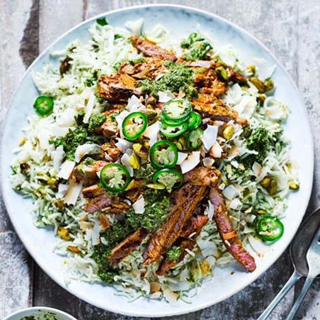 Coconut lamb & pistachio rice salad