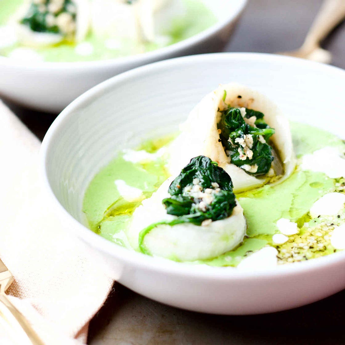 Coconut Pea Puree + Baked Sole Flowers