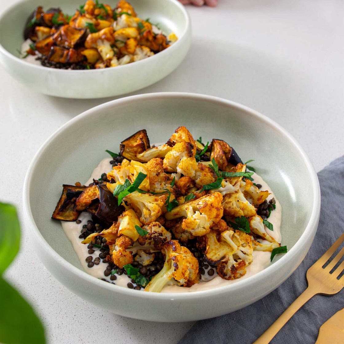 Roasted Harissa Cauliflower Bowl with Garlic Confit Yogurt