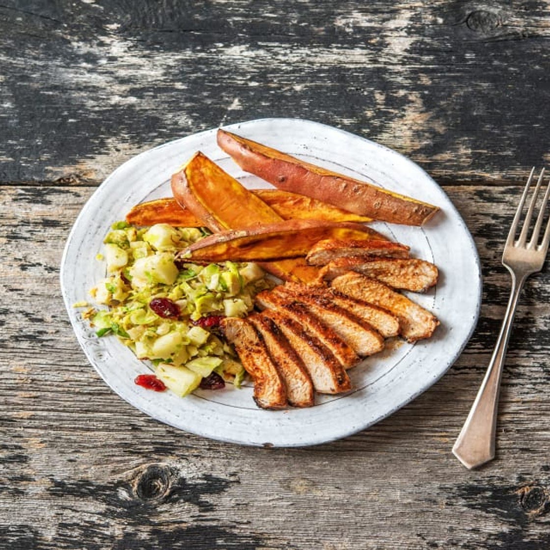 Sweet ’N’ Smoky Pork Chops with Sweet Potato Wedges and a Brussels Sprout Hash