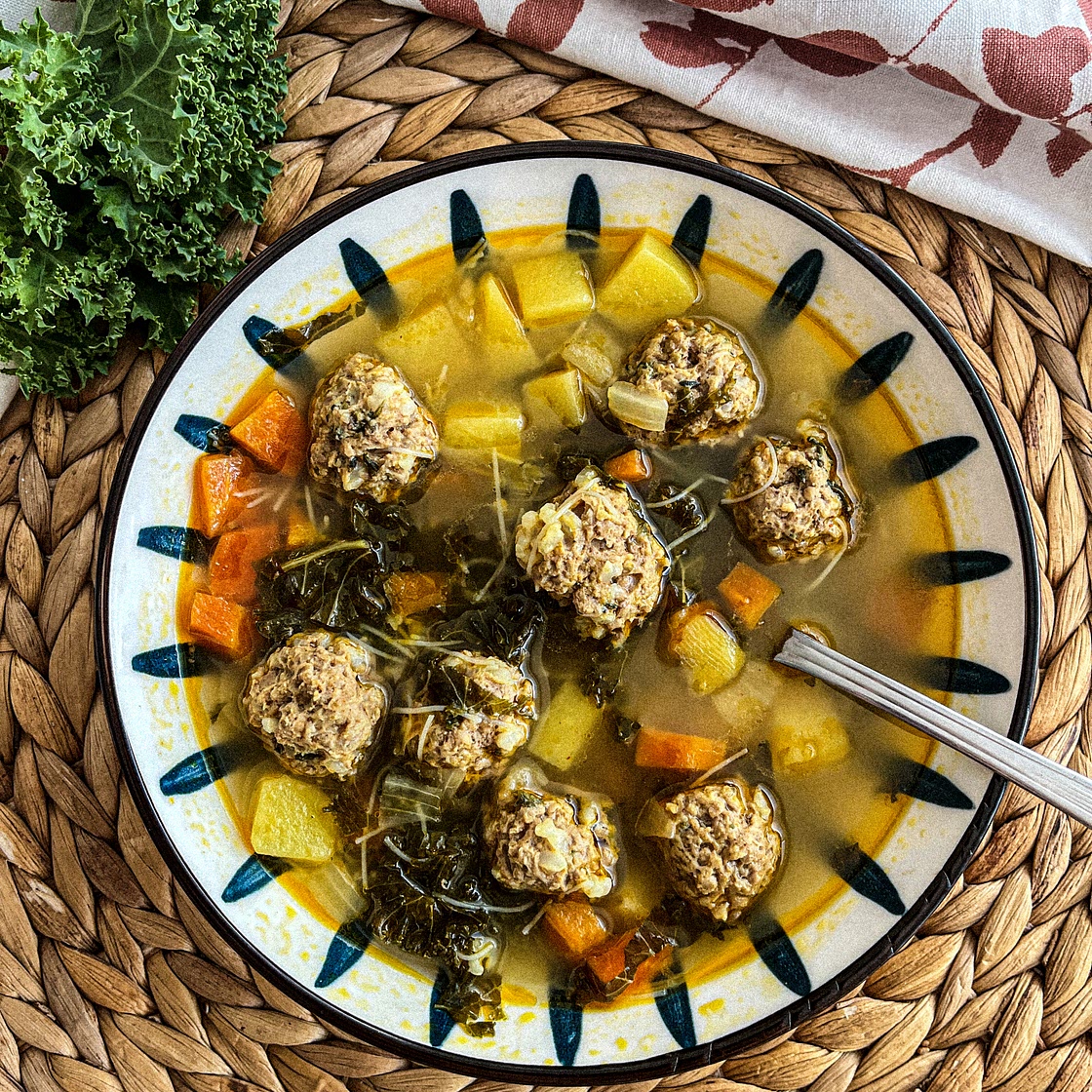 Chicken Meatball Soup with Kale and Rice Noodles