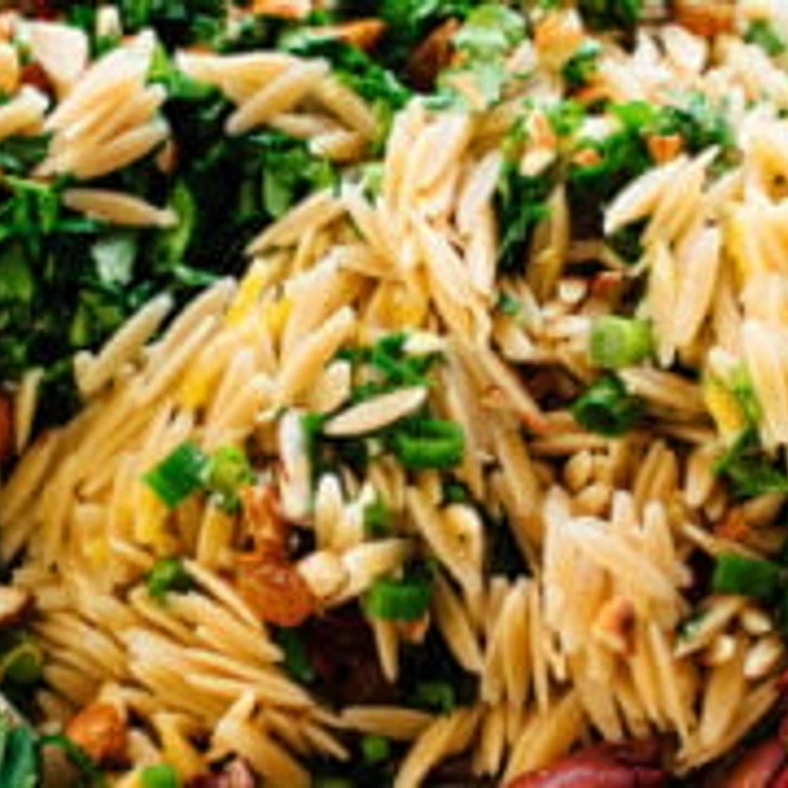 Orange Orzo Salad with Almonds, Feta and Olives