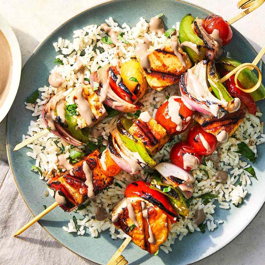 Halloumi-and-Vegetable Skewers with Pomegranate-Tahini Sauce