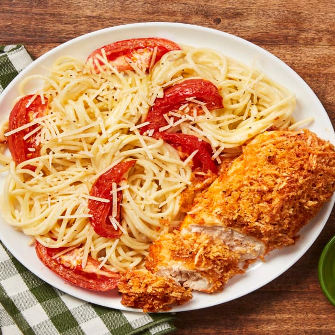 Parmesan-Crusted Chicken with Creamy Lemon Tomato Spaghetti