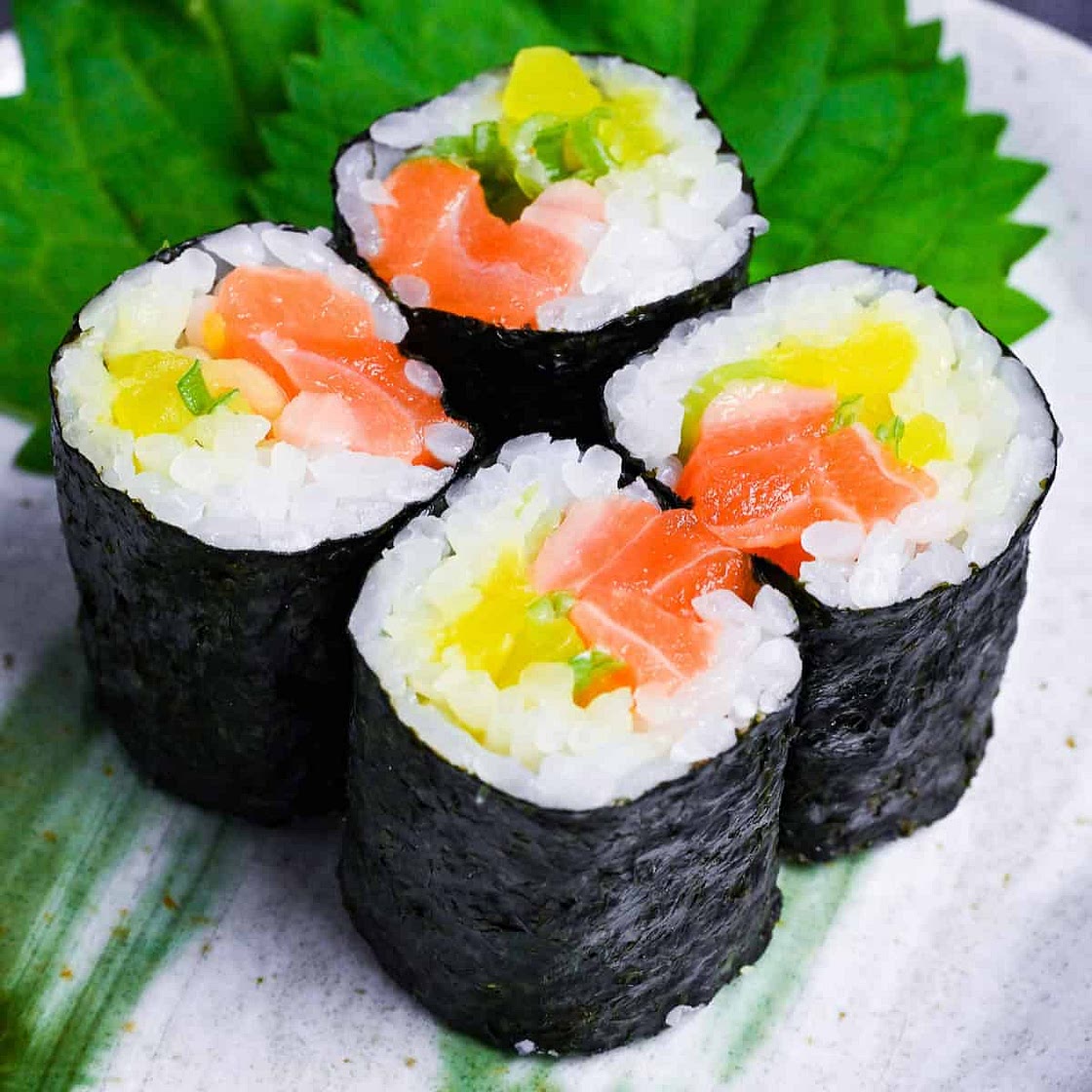 Salmon Maki Sushi (with Daikon Pickles & Green Onions)