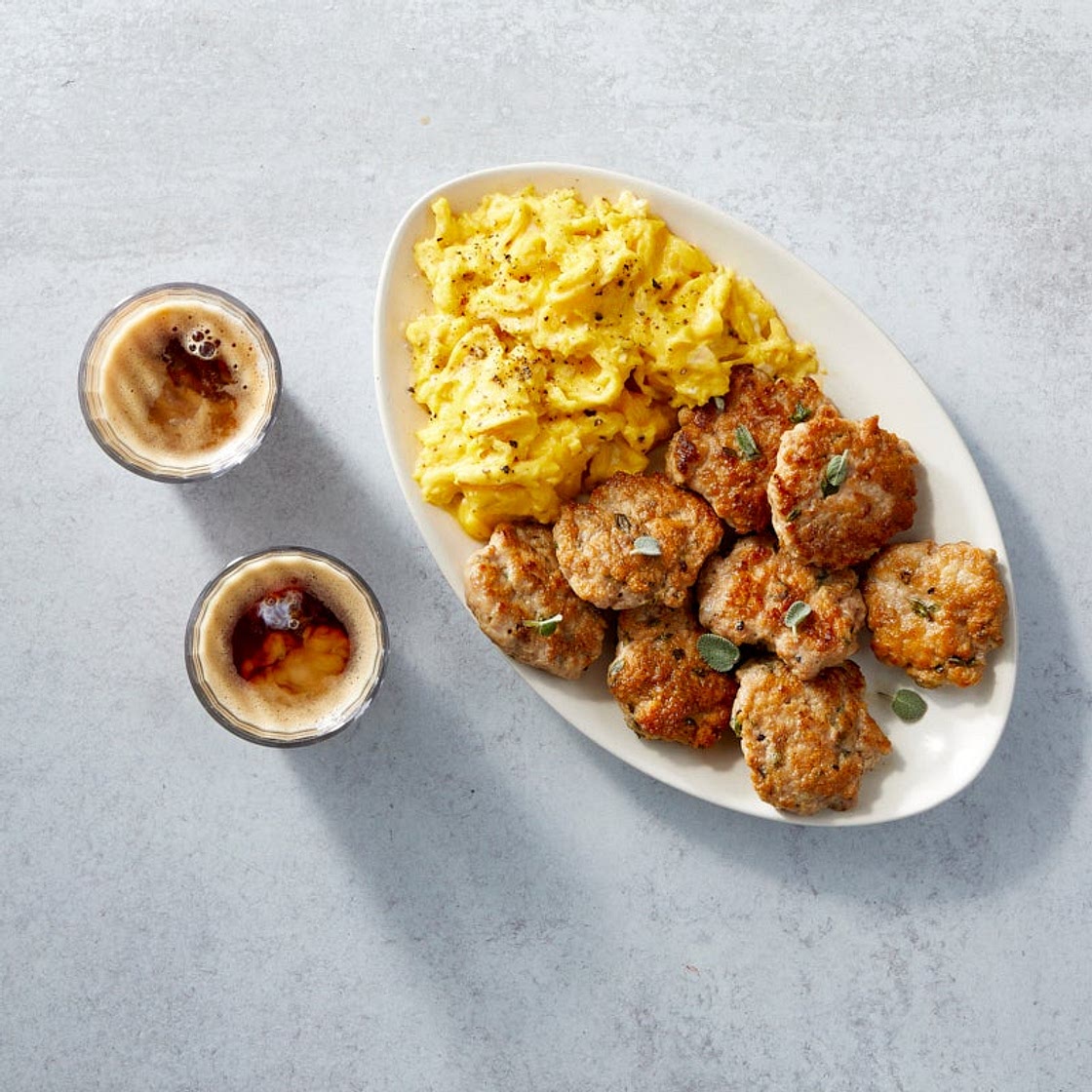 Breakfast sausages and eggs