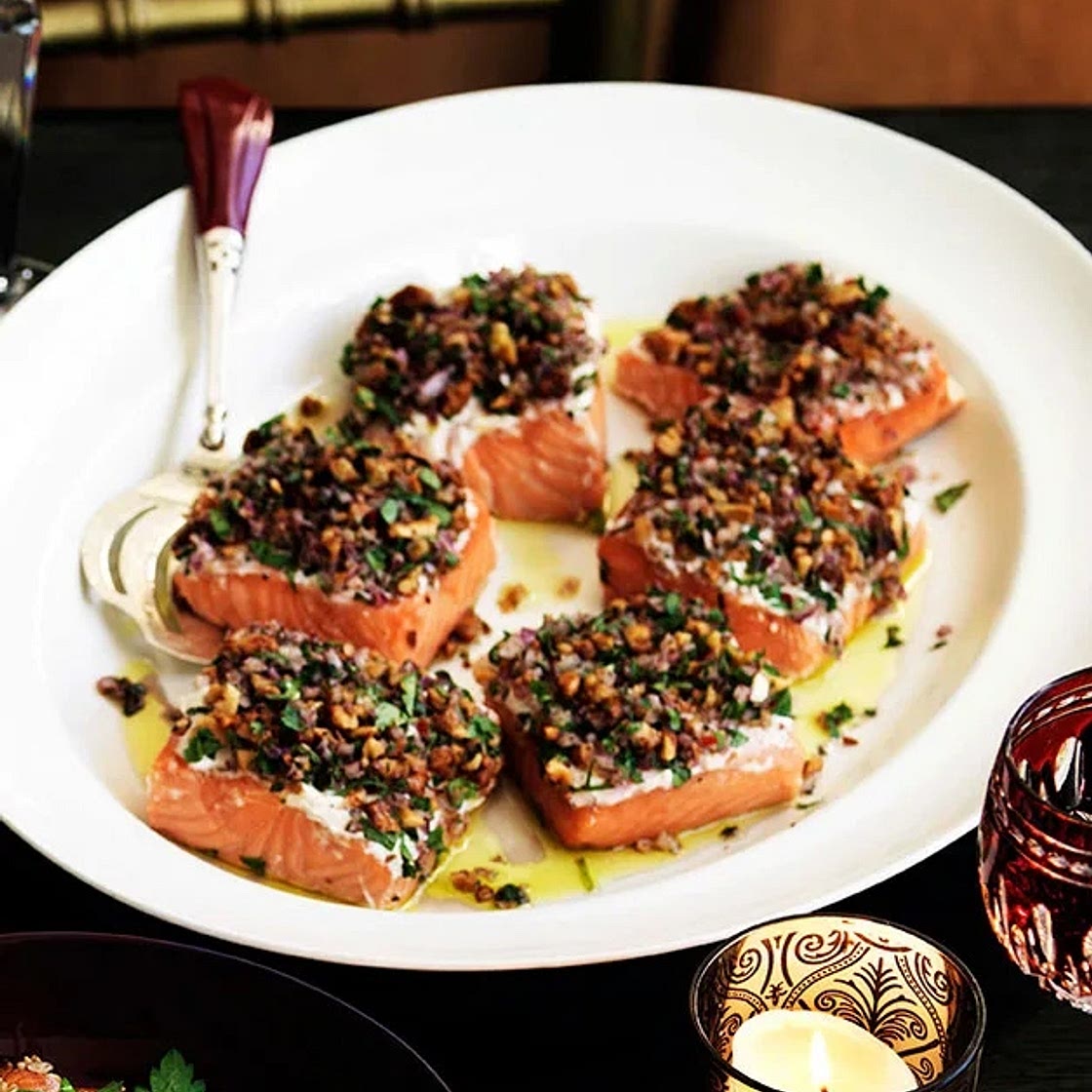 Melting salmon in fragrant salt, tarator style