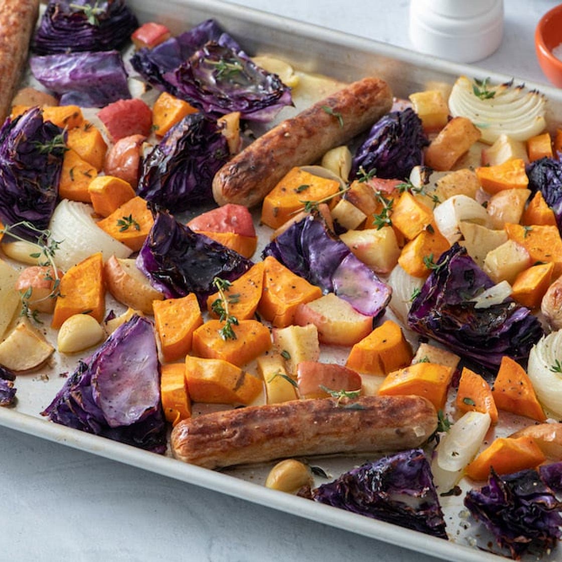 Sheet Pan Sausage with Cabbage and Apples
