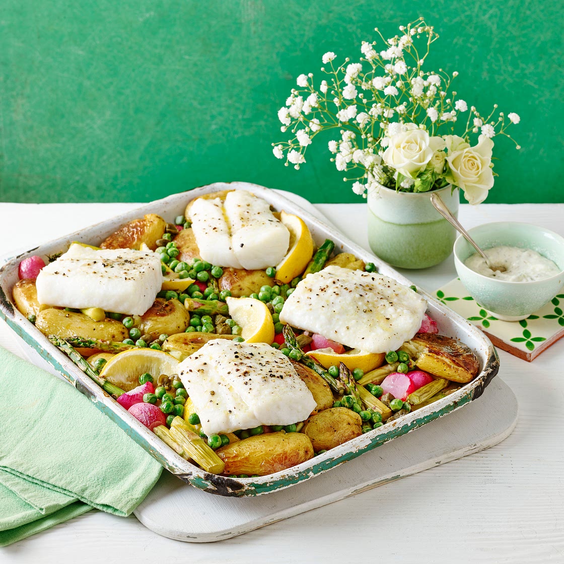 Roast potato, radish and cod traybake recipe