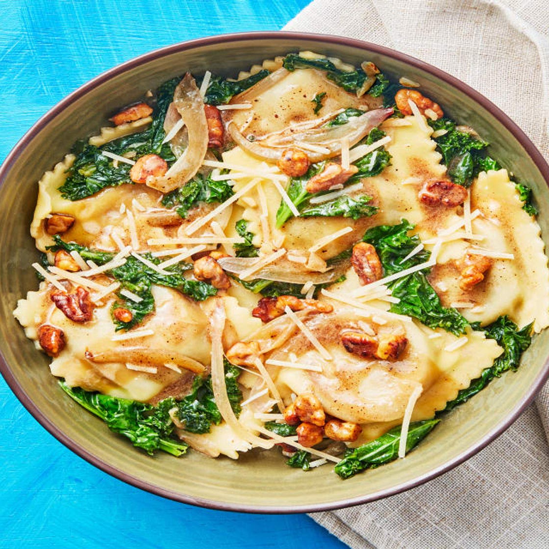 Mushroom Ravioli with Kale & Walnuts in a Brown Butter Crème Fraîche Sauce