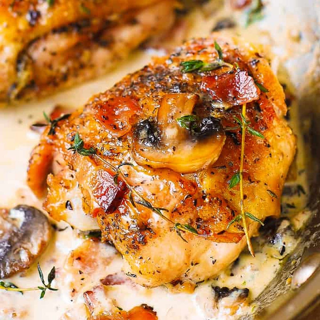 Chicken Thighs with Creamy Bacon Mushroom Thyme Sauce