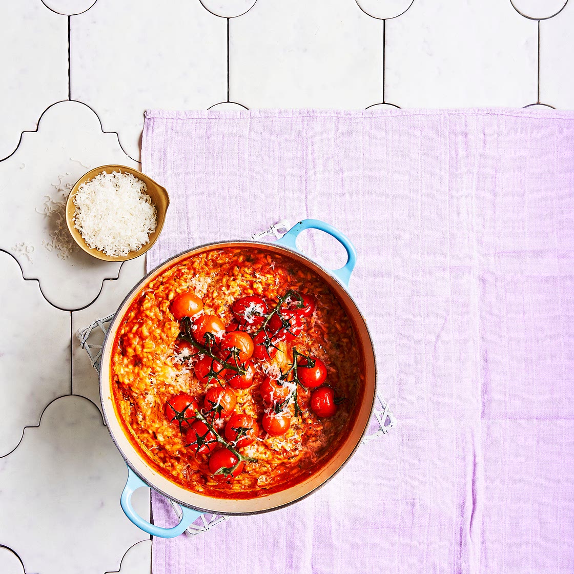 We've used a secret hack in this delicious roasted tomato and basil risotto recipe 🍅