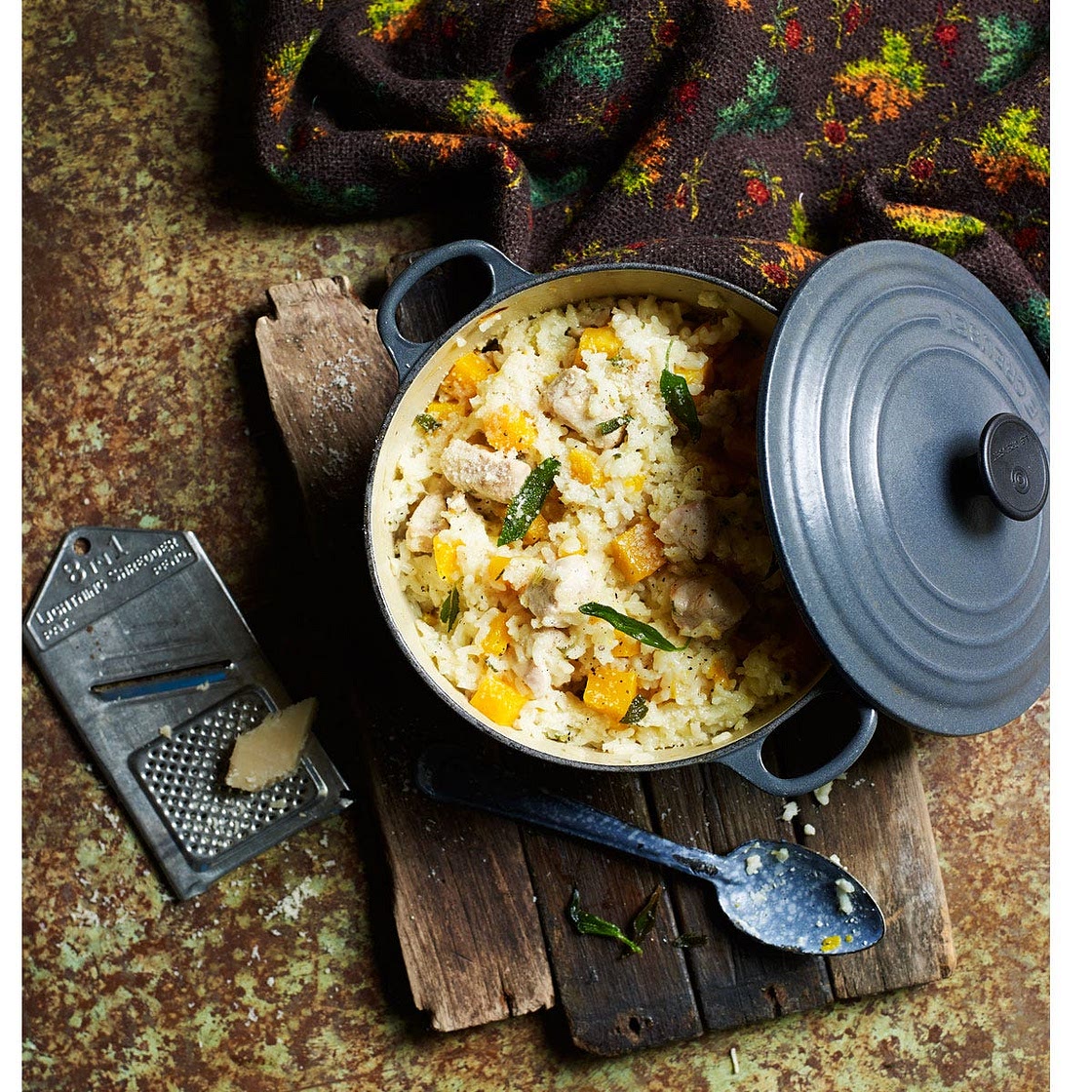 Baked chicken and butternut risotto