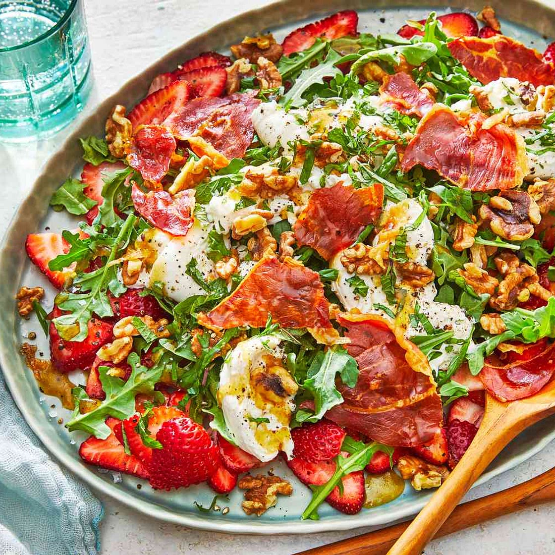 Crispy Prosciutto, Strawberry, And Burrata Salad With Maple-Balsamic Vinaigrette